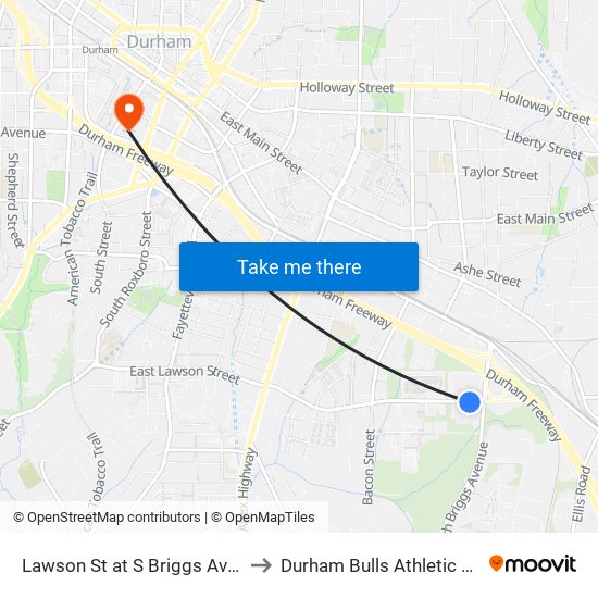 Lawson St at S Briggs Ave (Ferguson) to Durham Bulls Athletic Park - DBAP map