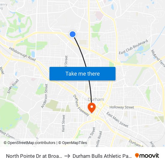 North Pointe Dr at Broad St (Eb) to Durham Bulls Athletic Park - DBAP map