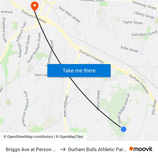 Briggs Ave at Person St (Sb 2) to Durham Bulls Athletic Park - DBAP map