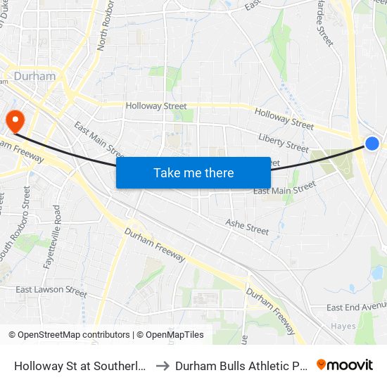 Holloway St at Southerland St (Eb) to Durham Bulls Athletic Park - DBAP map