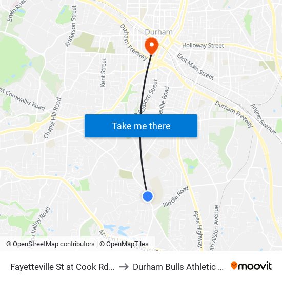 Fayetteville St at Cook Rd (Hillside Hs) to Durham Bulls Athletic Park - DBAP map
