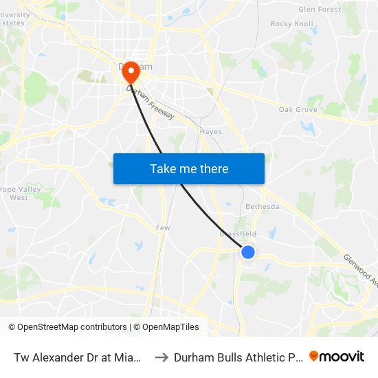 Tw Alexander Dr at Miami Blvd (Wb) to Durham Bulls Athletic Park - DBAP map