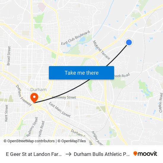E Geer St at Landon Farms Ln (Eb) to Durham Bulls Athletic Park - DBAP map
