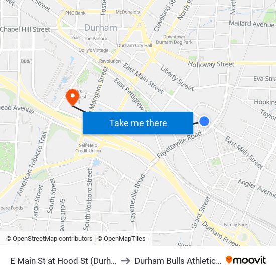 E Main St at Hood St (Durham Police Dept to Durham Bulls Athletic Park - DBAP map