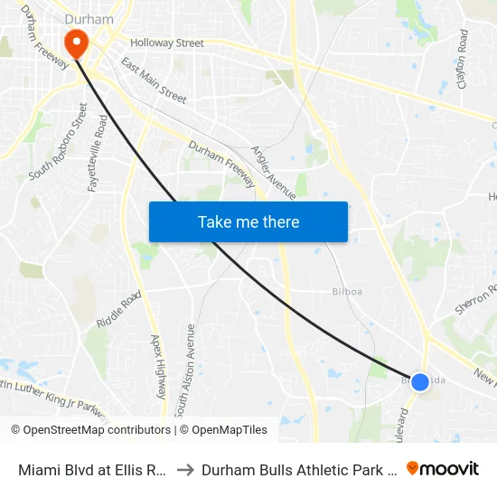 Miami Blvd at Ellis Rd (Sb) to Durham Bulls Athletic Park - DBAP map