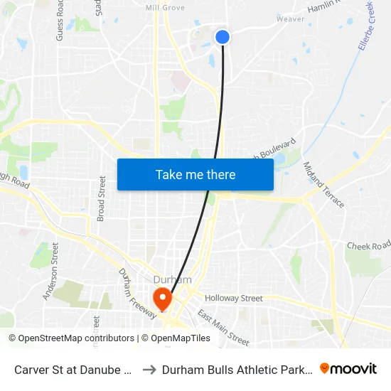 Carver St at Danube Ln (Eb) to Durham Bulls Athletic Park - DBAP map