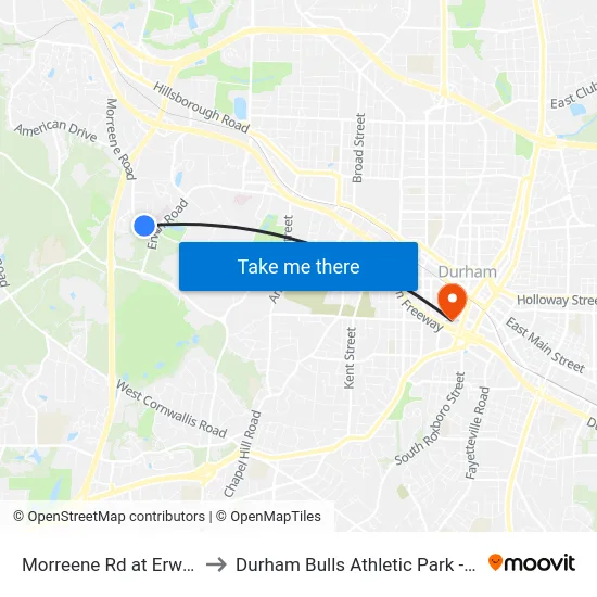 Morreene Rd at Erwin Rd to Durham Bulls Athletic Park - DBAP map