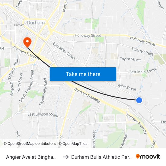 Angier Ave at Bingham St (Eb) to Durham Bulls Athletic Park - DBAP map