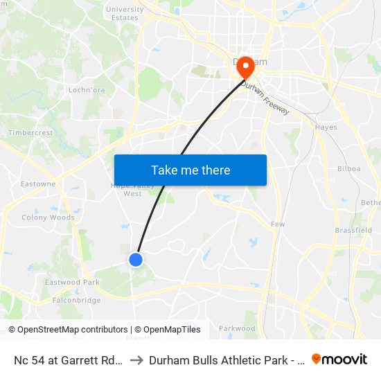 Nc 54 at Garrett Rd (Eb) to Durham Bulls Athletic Park - DBAP map