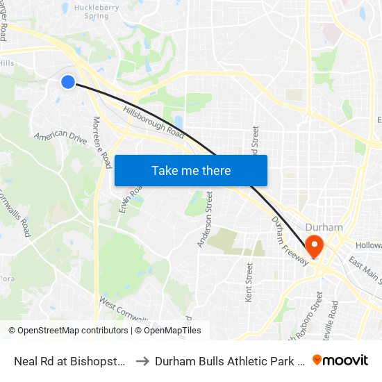 Neal Rd at Bishopstone Dr to Durham Bulls Athletic Park - DBAP map