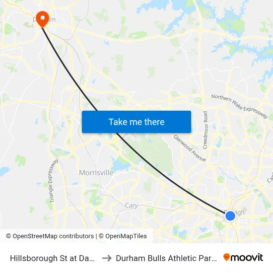 Hillsborough St at Dawson St to Durham Bulls Athletic Park - DBAP map