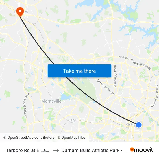 Tarboro Rd at E Lane St to Durham Bulls Athletic Park - DBAP map