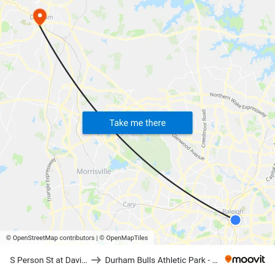S Person St at Davie St to Durham Bulls Athletic Park - DBAP map