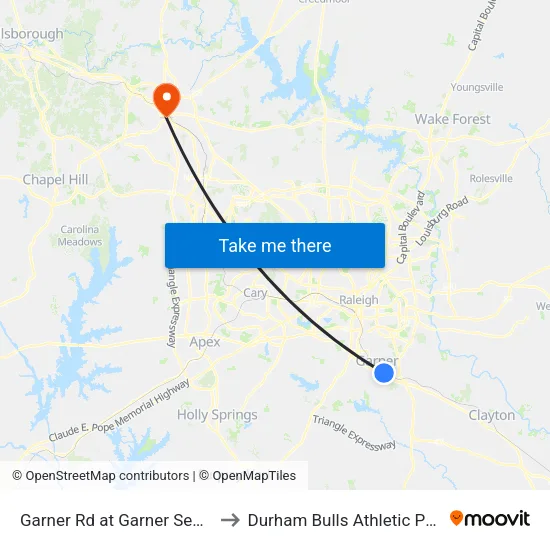 Garner Rd at Garner Senior Center to Durham Bulls Athletic Park - DBAP map