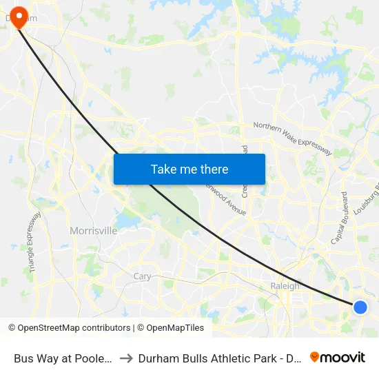 Bus Way at Poole Rd to Durham Bulls Athletic Park - DBAP map