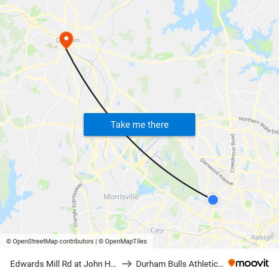 Edwards Mill Rd at John Humphries Wynd to Durham Bulls Athletic Park - DBAP map
