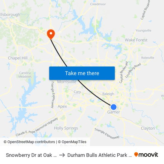 Snowberry Dr at Oak Hill Ct to Durham Bulls Athletic Park - DBAP map