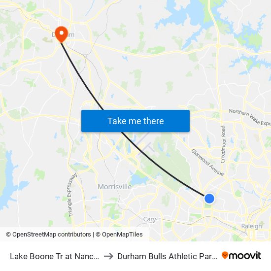 Lake Boone Tr at Nancy Ann Dr to Durham Bulls Athletic Park - DBAP map