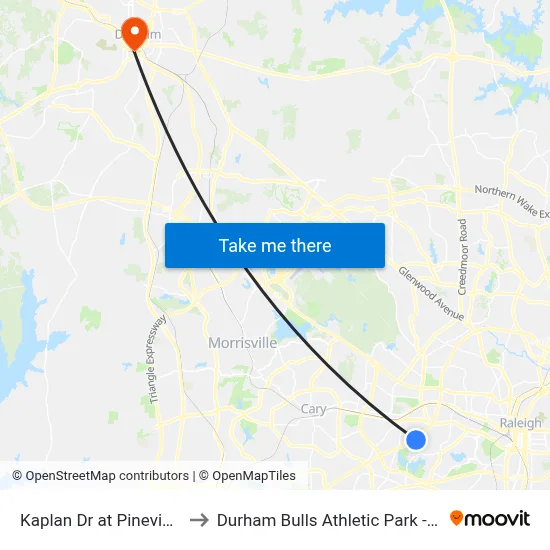 Kaplan Dr at Pineview Dr to Durham Bulls Athletic Park - DBAP map