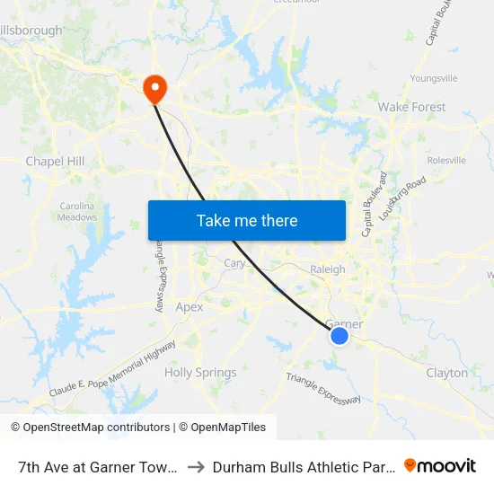 7th Ave at Garner Town Hall Ib to Durham Bulls Athletic Park - DBAP map