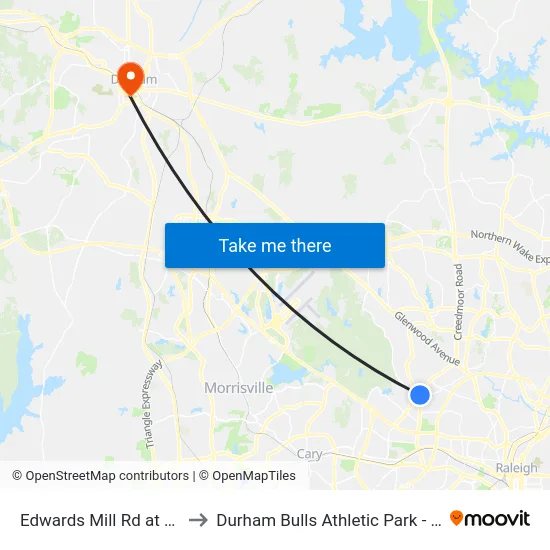 Edwards Mill Rd at Ed Dr to Durham Bulls Athletic Park - DBAP map