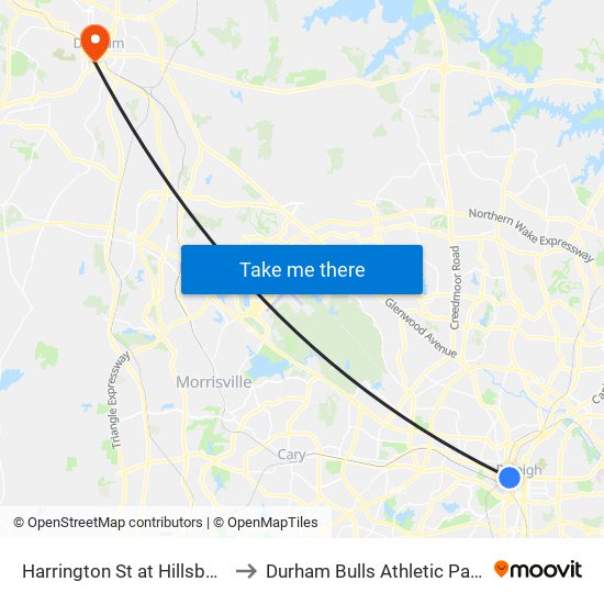 Harrington St at Hillsborough St to Durham Bulls Athletic Park - DBAP map