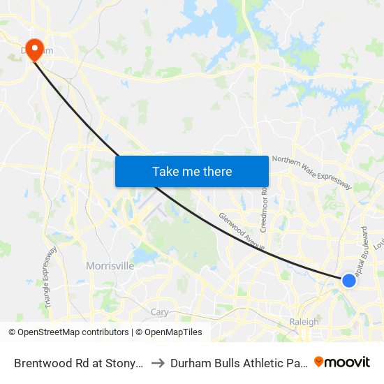 Brentwood Rd at Stony Brook Dr to Durham Bulls Athletic Park - DBAP map
