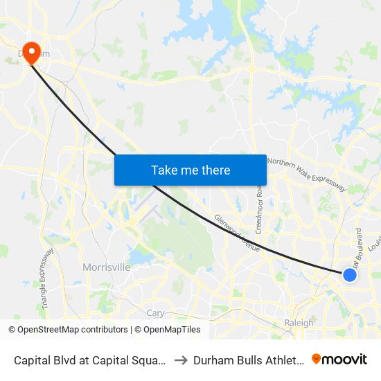 Capital Blvd at Capital Square Shopping Center to Durham Bulls Athletic Park - DBAP map