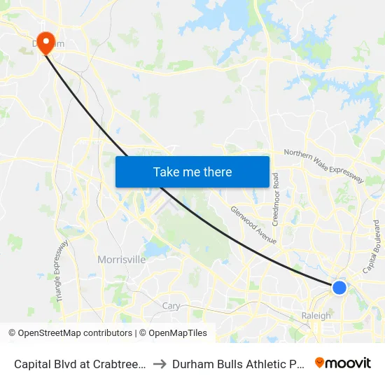 Capital Blvd at Crabtree Blvd (Nb) to Durham Bulls Athletic Park - DBAP map