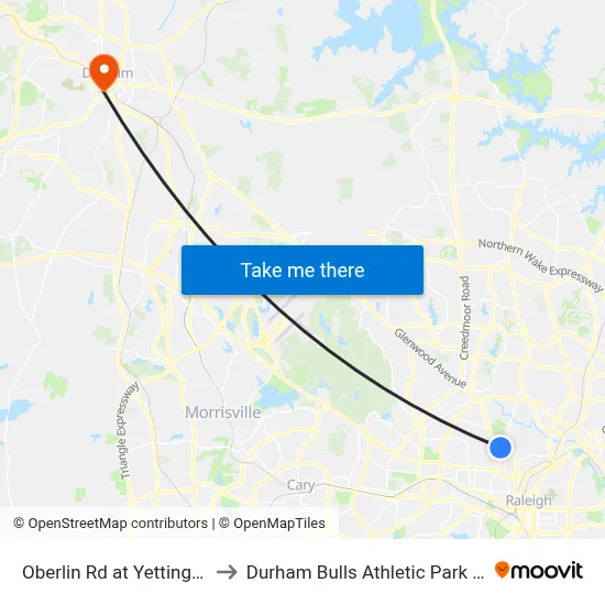 Oberlin Rd at Yettington Dr to Durham Bulls Athletic Park - DBAP map