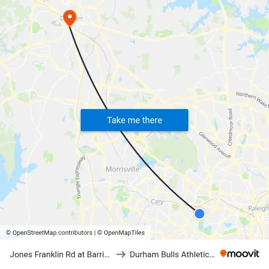 Jones Franklin Rd at Barringer Dr (North) to Durham Bulls Athletic Park - DBAP map