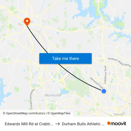 Edwards Mill Rd at Crabtree Valley Ave to Durham Bulls Athletic Park - DBAP map