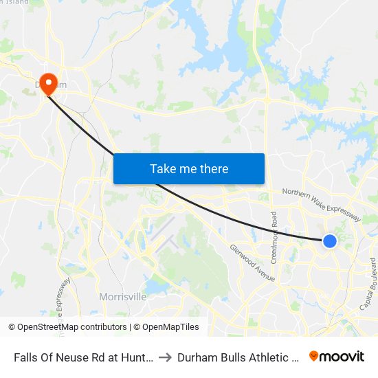 Falls Of Neuse Rd at Hunting Ridge Rd to Durham Bulls Athletic Park - DBAP map