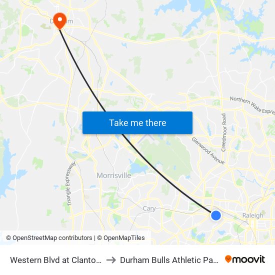 Western Blvd at Clanton St (Eb) to Durham Bulls Athletic Park - DBAP map