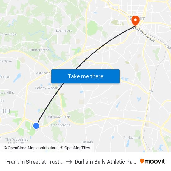 Franklin Street at Trust Building to Durham Bulls Athletic Park - DBAP map