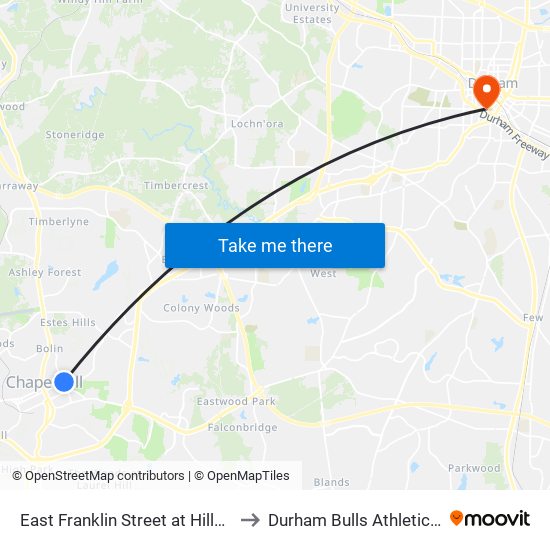 East Franklin Street at Hillsborough Street to Durham Bulls Athletic Park - DBAP map