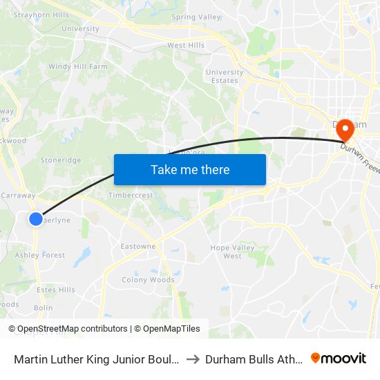 Martin Luther King Junior Boulevard at Westminster Drive to Durham Bulls Athletic Park - DBAP map