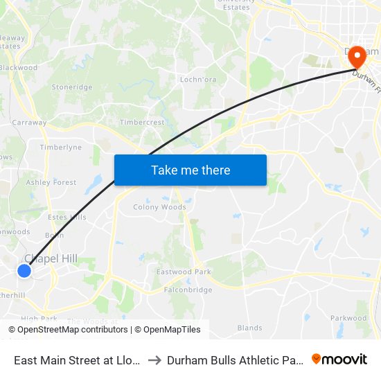 East Main Street at Lloyd Street to Durham Bulls Athletic Park - DBAP map