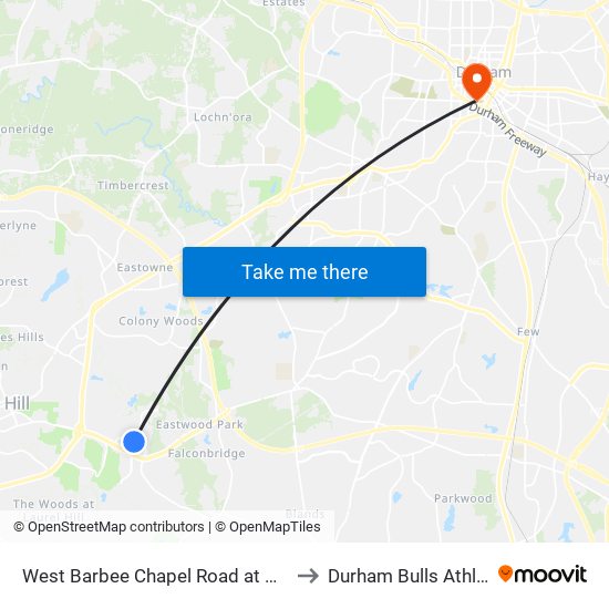 West Barbee Chapel Road at Meadowmont Village Circle to Durham Bulls Athletic Park - DBAP map