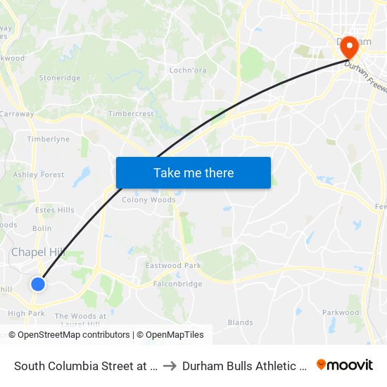 South Columbia Street at Mason Farm to Durham Bulls Athletic Park - DBAP map