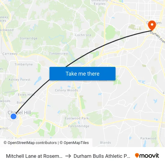 Mitchell Lane at Rosemary Street to Durham Bulls Athletic Park - DBAP map