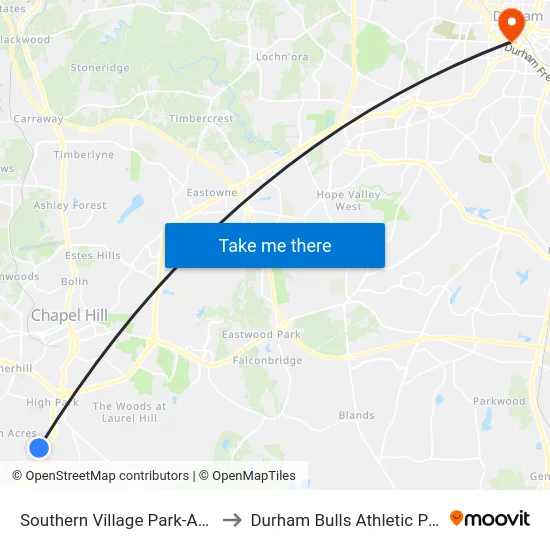 Southern Village Park-And-Ride Lot to Durham Bulls Athletic Park - DBAP map