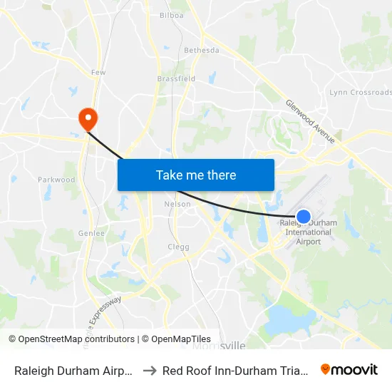 Raleigh Durham Airport RDU to Red Roof Inn-Durham Triangle Park map