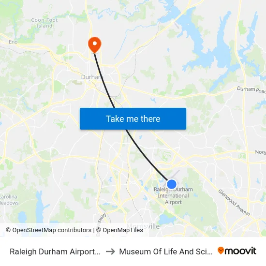 Raleigh Durham Airport RDU to Museum Of Life And Science map