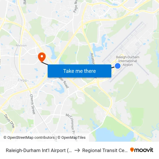 Raleigh-Durham Int'l Airport (RDU) to Regional Transit Center map
