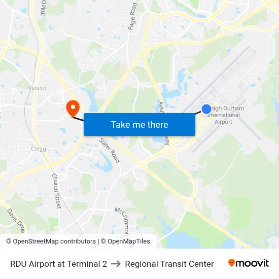 RDU Airport at Terminal 2 to Regional Transit Center map