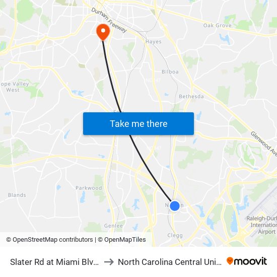 Slater Rd at Miami Blvd (Eb) to North Carolina Central University map