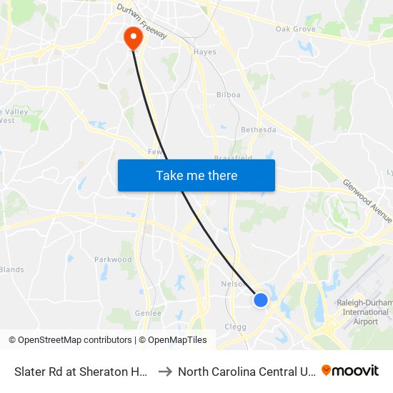 Slater Rd at Sheraton Hotel (Wb) to North Carolina Central University map