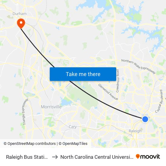 Raleigh Bus Station to North Carolina Central University map