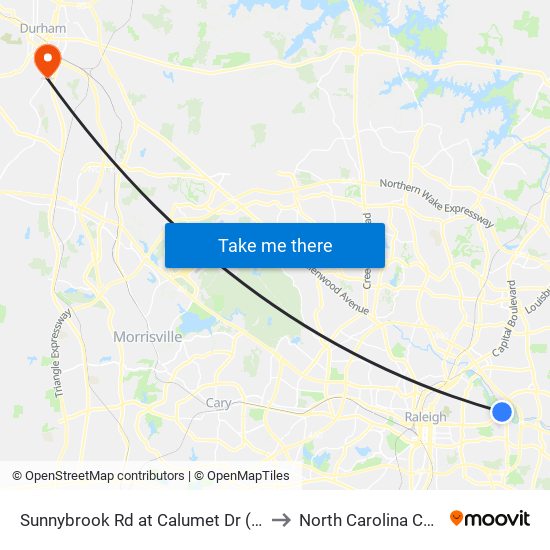 Sunnybrook Rd at Calumet Dr (Wakemed Medical Park) to North Carolina Central University map